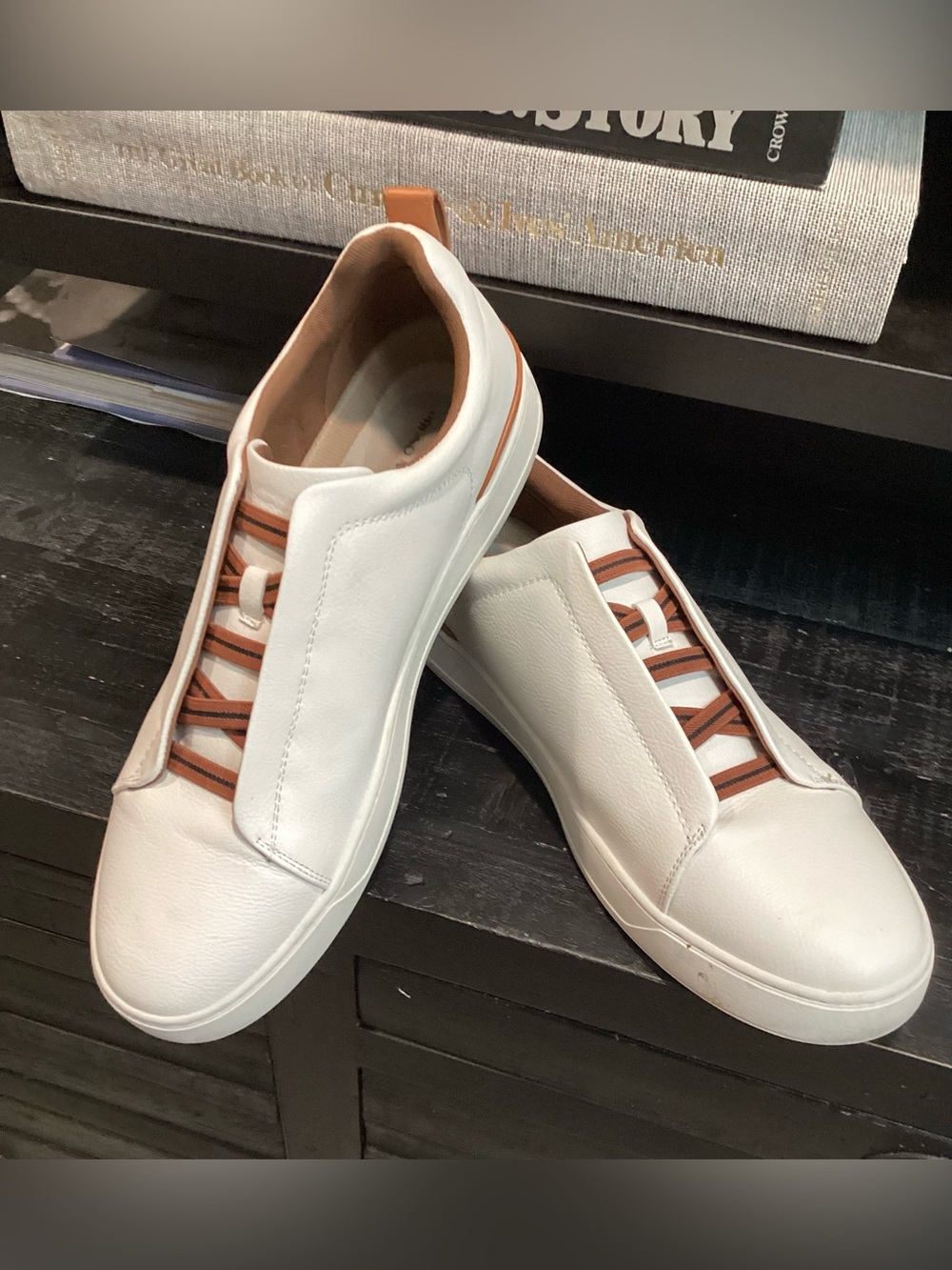 Men's White Slip-On Sneakers with Tan Straps